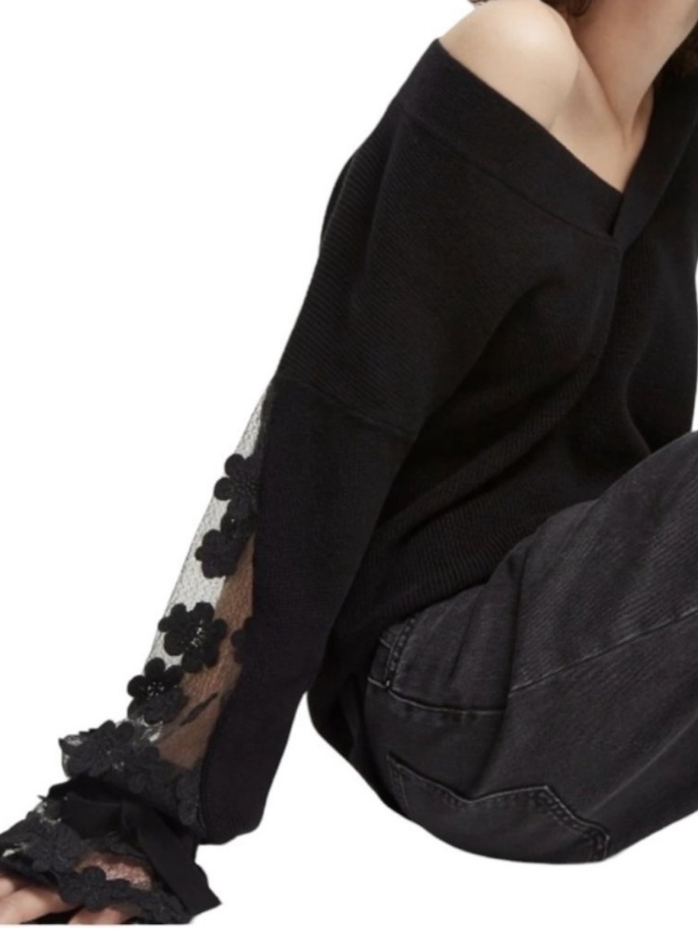 French Connection Black V-Neck Sweater with Floral Lace Sleeves
